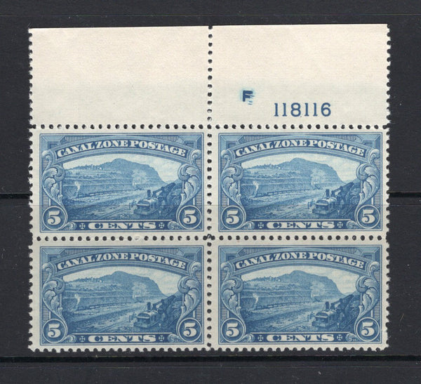 PANAMA - CANAL ZONE - 1928 - MULTIPLE: 5c blue 'Panama Canal Under Construction' issue, a fine mint top marginal block of four with 'F 118116' plate number in margin. (SG 109)  (PAN/25603)