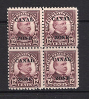 PANAMA - CANAL ZONE - 1925 - OVERPRINTS ON USA & MULTIPLE: 12c plum 'Cleveland' issue of USA with 'CANAL ZONE' overprint (A's with flat tops), a mint block of four. Gum a little patchy. (SG 80)  (PAN/26425)