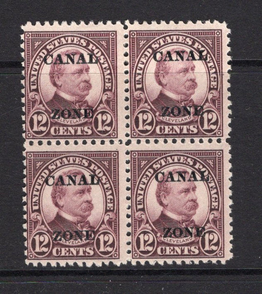 PANAMA - CANAL ZONE - 1925 - OVERPRINTS ON USA & MULTIPLE: 12c plum 'Cleveland' issue of USA with 'CANAL ZONE' overprint (A's with flat tops), a mint block of four. Gum a little patchy. (SG 80)  (PAN/26425)