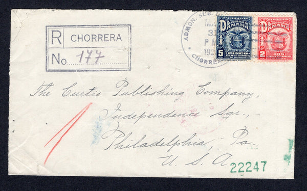 PANAMA - 1928 - REGISTRATION & CANCELLATION: Registered cover franked with 1924 2c carmine & 5c blue 'Arms' issue (SG 200/201) tied by ADMON SUB. DE CORREOS CHORRERA cds with fine strike of boxed 'R CHORRERA' registration marking alongside. Addressed to USA with various transit & arrival marks on reverse.  (PAN/26822)