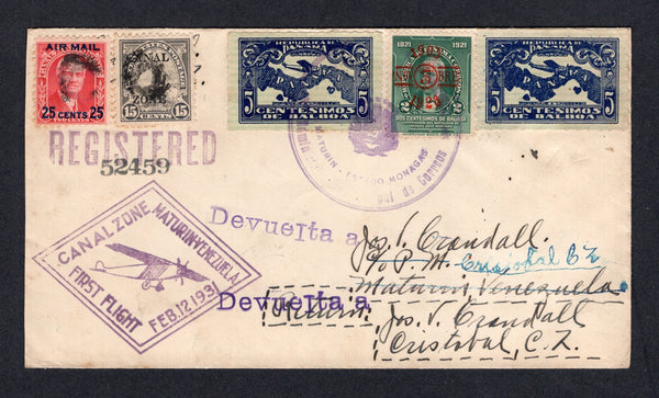 PANAMA - 1931 - FIRST FLIGHT: Registered cover franked with Canal Zone 1925 15c grey 'CANAL ZONE' overprint on USA and 1929 25c on 2c carmine AIR surcharge issue (SG 92 & 119) tied by dumb 'Cork' cancels and Panama 1928 2 x 5c indigo on pale green and 2c green (SG 223/224) tied by arrival marks. Flown on the Canal Zone - Maturin, Venezuela PAA flight with diamond 'CANAL ZONE MATURIN VENEZUELA FIRST FLIGHT FEB 12 1931' cachet on front. Addressed to MATURIN with large 'Arms' arrival mark on front. Unclaimed 