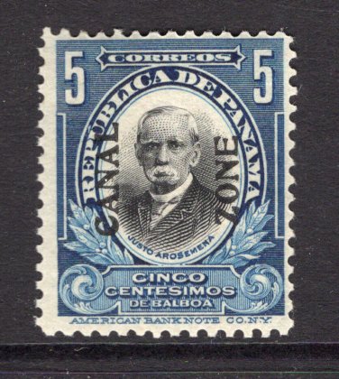 PANAMA - CANAL ZONE - 1909 - OVERPRINTS ON PANAMA: 5c black & steel blue 'Arosemena' issue of Panama with 'CANAL ZONE' overprint TYPE 4, a fine mint copy. A scarce stamp. (SG 49)  (PAN/28794)