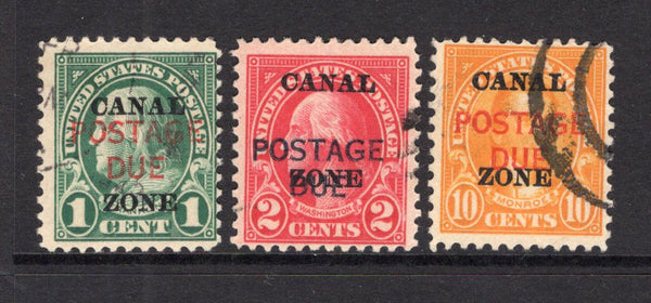 PANAMA - CANAL ZONE - 1925 - POSTAGE DUES: 1c green, 2c carmine and 10c orange USA issue with 'CANAL ZONE' overprint (A's with flat tops) and further overprinted 'POSTAGE DUE', the set of three fine lightly used. (SG D89/D91)  (PAN/28797)