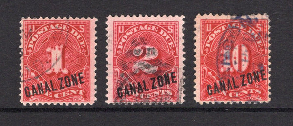 PANAMA - CANAL ZONE - 1914 - POSTAGE DUES: 1c lake, 2c lake and 10c lake USA 'Postage Due' issue with italic 'CANAL ZONE' overprint diagonally, the set of three fine lightly used. Uncommon. (SG D55/D57)  (PAN/28798)