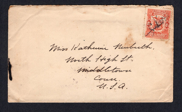 PANAMA - 1910 - CANCELLATION: Cover franked with 1906 2½c red 'Hamilton' issue (SG 145) cancelled by 'Santiago' manuscript cancel. Addressed to USA with TRANSITO PANAMA cds on reverse. Scarce.  (PAN/28807)