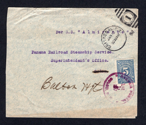 PANAMA - 1917 - COLOMBIA USED IN PANAMA & MARITIME: Cover with typed 'Per S.S. "Almirante"' ship endorsement on front franked with Colombia 1908 5c blue 'Numeral' issue (SG 296) tied by AGENCIA POSTAL COLON R.P. cds in purple dated JAN 11 1917 with additional strike on reverse. Addressed to 'Panama Railroad Steamship Service. Superintendents Office, Colon' and redirected to BALBOA HEIGHTS with CRISTOBAL C.Z. transit cds on front. An unusual cover.  (PAN/28813)
