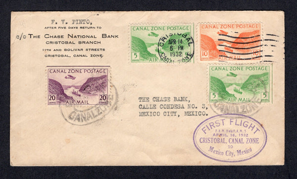 PANAMA - CANAL ZONE - 1932 - FIRST FLIGHT: Cover franked with 1931 2 x 5c green, 10c orange and 20c violet AIR issue (SG 127, 129 & 131) tied by CRISTOBAL cds's dated APR 14 1932. Flown on the CRISTOBAL - MEXICO CITY flight by FAM 8 via FAM 5 with fine strike of the oval first flight cachet on front and MEXICO CITY arrival cds on reverse. (Muller #62)  (PAN/28815)