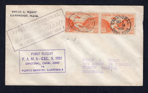 PANAMA - CANAL ZONE - 1931 - FIRST FLIGHT: Cover franked with 1931 pair 10c orange AIR issue (SG 129) tied by CRISTOBAL cds dated DEC 5 1931. Flown on the CRISTOBAL - PUERTO BARRIOS, GUATEMALA flight by FAM 5 with fine strike of the boxed first flight cachet on front and PUERTO BARRIOS arrival cds on reverse. (Muller #61)  (PAN/28816)