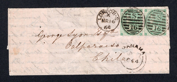 PANAMA - 1864 - BRITISH POST OFFICES: Folded letter from Great Britain franked with pair 1862 1/- green QV issue, Plate 1 (SG 90) tied by LONDON duplex cancels dated MAR 16 1864. Addressed to VALPARAISO, CHILE with fine strike of PANAMA British P.O. cds on front dated AP 7 1864. A nice routing via the British P.O.  (PAN/29318)
