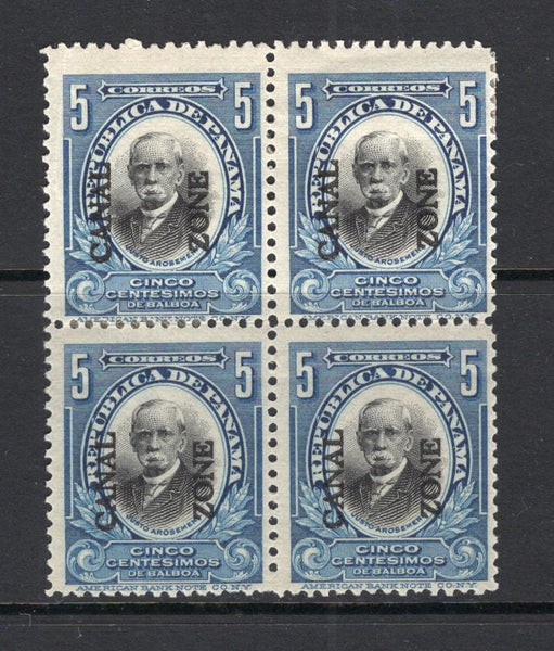 PANAMA - CANAL ZONE - 1909 - MULTIPLE: 5c black & steel blue 'Arosmena' issue of Panama with 'CANAL ZONE' overprint TYPE 2, a mint block of four. Some creasing. (SG 42)  (PAN/30576)