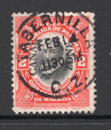 PANAMA - CANAL ZONE - 1909 - CANCELLATION: 2c black & vermilion 'Cordoba' issue of Panama with 'CANAL ZONE' overprint TYPE 1, a fine used copy with complete strike of TABERNILLA cds dated FEB 14 without year date. A scarce cancel. (SG 36)  (PAN/30579)