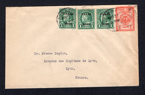 PANAMA - CANAL ZONE - 1925 - POSTAL STATIONERY & OVERPRINTS ON USA: 2c red on white postal stationery envelope (H&G B9) used with added 3 x 1924 1c green USA issue with 'CANAL ZONE' overprint (SG 75, A's with flat tops) tied by BALBOA HEIGHTS cds's dated MAR 27 1925. Addressed to FRANCE.  (PAN/30600)