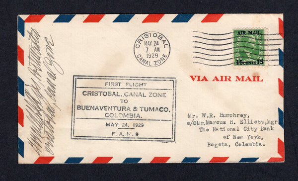 PANAMA - CANAL ZONE - 1929 - FIRST FLIGHT: Airmail cover franked with 1929 15c on 1c green AIR surcharge issue (SG 117) tied by CRISTOBAL cancel dated MAY 24 1929. Flown on the FAM 9 Cristobal - Buenaventura, Colombia first flight with boxed first flight cachet on front and arrival marks on reverse. (AAMC #CZ34, Muller #20a)  (PAN/30606)