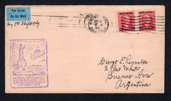 PANAMA - CANAL ZONE - 1929 - FIRST FLIGHT: Cover franked with 1929 2 x 25c on 2c carmine AIR surcharge issue (SG 119) tied by CRISTOBAL cancel dated OCT 8 1929. Flown on the extension of the FAM 5 route Cristobal - Argentina first flight with illustrated first flight cachet on front and arrival cds on reverse. A scarce flight only 143 covers were carried. (AAMC #CZ43, Muller #26)  (PAN/30610)