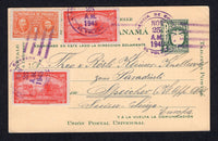 PANAMA - 1945 - POSTAL STATIONERY & CANCELLATION: 1c greyish green on yellow 'Arms' postal stationery card (H&G 14) used with added 2 x 1942 2c scarlet and 1945 1c orange TAX issue (SG 407 & 441) tied by multiple strikes of EL VOLCAN cds dated NOV 25 1945. Addressed to SWITZERLAND.  (PAN/33271)