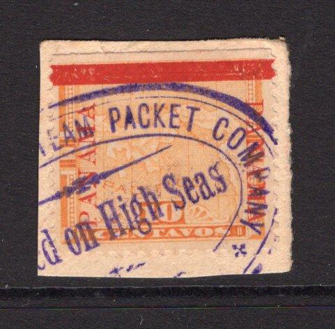 PANAMA - 1904 - CANCELLATION: 10c orange MAP issue with 'Fourth Panama' overprint in dark carmine, a fine used copy tied on small piece by part strike of oval 'ROYAL MAIL STEAM PACKET COMPANY POSTED ON THE HIGH SEAS' cancel in purple. (SG 56)  (PAN/34206)