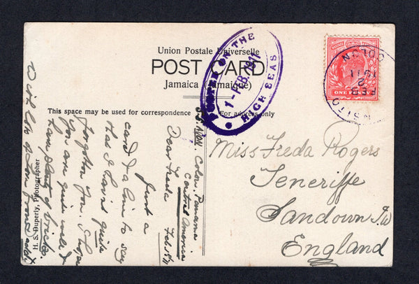 PANAMA - 1911 - GREAT BRITAIN USED IN PANAMA & MARITIME: Black & white PPC 'Negro Washing. Jamaica' datelined 'S.S Avon, Colon Panama, Central America' franked on message side with Great Britain 1902 1d scarlet EVII issue (SG 219) tied by TRANSITO COLON cds in purple dated FEB 2 1911 with oval dated 'POSTED ON THE HIGH SEAS' marking alongside. Addressed to UK.  (PAN/34218)