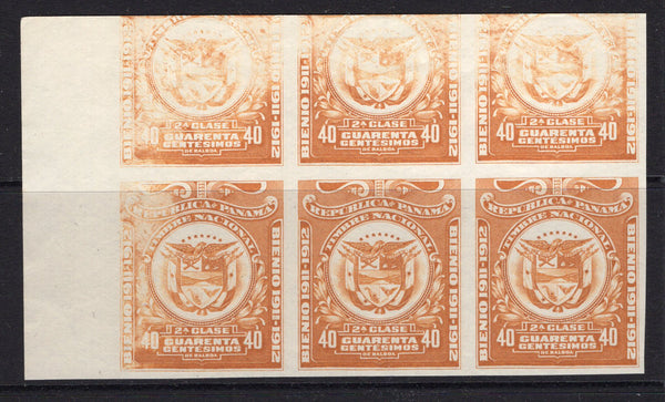 PANAMA - 1911 - REVENUE & PROOF: 40c orange 'Timbre Nacional' REVENUE issue, a Perkins Bacon PROOF impression block of six comprising of three full impressions and three partial impressions, imperf without gum. Unusual.  (PAN/37959)