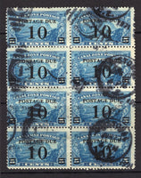 PANAMA - CANAL ZONE - 1929 - POSTAGE DUE ISSUE & MULTIPLE: 10c on 5c blue 'Postage Due' overprint issue, a fine used block of eight with CRISTOBAL duplex cds's. A scarce used multiple. (SG D123)  (PAN/37966)