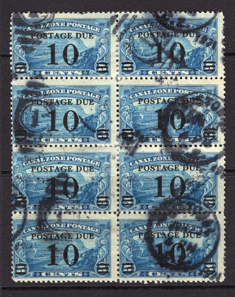 PANAMA - CANAL ZONE - 1929 - POSTAGE DUE ISSUE & MULTIPLE: 10c on 5c blue 'Postage Due' overprint issue, a fine used block of eight with CRISTOBAL duplex cds's. A scarce used multiple. (SG D123)  (PAN/37966)