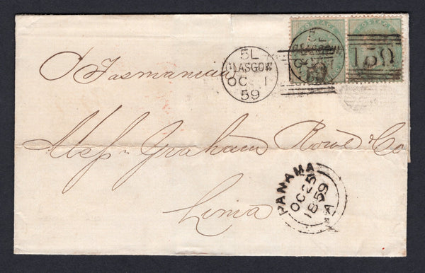 PANAMA - 1859 - BRITISH POST OFFICE & VIA PANAMA MAIL: Cover franked with pair Great Britain 1855 1/- pale green QV issue (SG 73, no corner letters) tied by GLASGOW '159' duplex cancels dated OCT 1 1859. Addressed to LIMA, PERU sent via the British P.O. in Panama with fine strike of the PANAMA British Post Office cds dated OCT 25 1859 on front.  (PAN/37970)