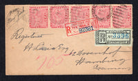 PANAMA - 1900 - REGISTRATION: Registered cover franked with strip of five 1892 2c carmine 'Map' issue (SG 12b) and 1900 10c black on pale blue 'Registration' issue (SG R29) tied by PANAMA duplex cancels dated 27 MAR 1900 and the registration issue with blue '3396' registration number. Addressed to GERMANY with red NY EXCHANGE registration label added on front. Transit and arrival marks on reverse. Very attractive franking.  (PAN/37974)