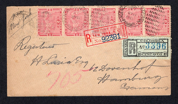 PANAMA - 1900 - REGISTRATION: Registered cover franked with strip of five 1892 2c carmine 'Map' issue (SG 12b) and 1900 10c black on pale blue 'Registration' issue (SG R29) tied by PANAMA duplex cancels dated 27 MAR 1900 and the registration issue with blue '3396' registration number. Addressed to GERMANY with red NY EXCHANGE registration label added on front. Transit and arrival marks on reverse. Very attractive franking.  (PAN/37974)