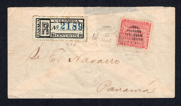 PANAMA - 1900 - REGISTRATION: Registered cover franked with single 1892 2c carmine 'Map' issue (SG 12b) and 1900 10c black on pale blue 'Registration' issue (SG R29) tied by PANAMA duplex cancel dated 16 MAR 1900 and the registration issue with blue '2189' registration number. Addressed locally within PANAMA CITY with RECOMENDADOS PANAMA arrival cds dated 16 MAR 1900 on reverse. An exceptionally rare internal 12c rate registered cover.  (PAN/37975)