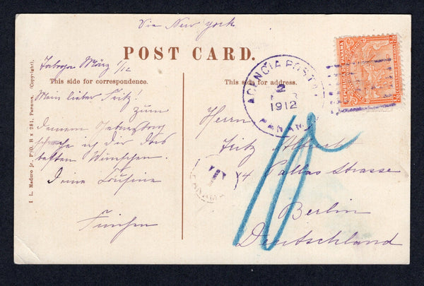 PANAMA - 1912 - ISLAND PPC & TAXED MAIL: Colour PPC 'Sanatorium at Taboga, Panama' showing view of the Sanitorium on the Island of Taboga franked on message side with single 1909 ½c orange 'Map' issue (SG 151) tied by PANAMA cds dated 2 MAR 1912 with small circular 'T PANAMA' marking in purple alongside with large '10' in blue crayon. Addressed to GERMANY.  (PAN/37981)