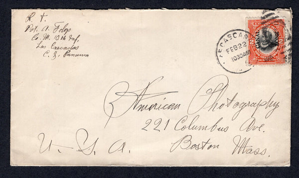 PANAMA - CANAL ZONE - 1916 - CANCELLATION & MILITARY: Cover from a marine in the US Navy with manuscript 'R.T. Pvt. A. Felop. Co. M. 10th Inf, Las Cascadas C.Z. Panama' franked with 1909 2c black & vermilion 'Cordoba' issue of Panama with 'CANAL ZONE' overprint TYPE 2 booklet stamp (SG 41) tied by LAS CASCADAS cds dated FEB 22 1916. Addressed to USA.  (PAN/37983)