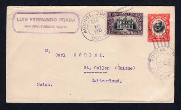 PANAMA - 1921 - POSTAL STATIONERY: 2c red & black on white 'Cordoba' postal stationery envelope (H&G B5) used with added 1915 3c black & deep violet (SG 165) tied by two strikes of AGENCIA POSTAL COLON cds dated DEC 16 1921. Addressed to SWITZERLAND. Very attractive.  (PAN/38596)