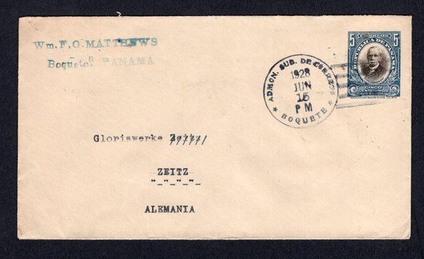 PANAMA - 1928 - POSTAL STATIONERY & CANCELLATION: 5c blue & black on white 'Arosemena' postal stationery envelope (H&G B6) used with fine strike of ADMON. SUB. DE CORREOS BOQUETE cds dated JUN 15 1928. Addressed to GERMANY with TRANSITO PANAMA cds on reverse.  (PAN/38597)