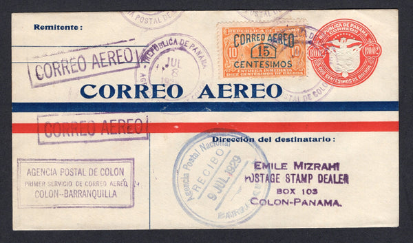 PANAMA - 1929 - FIRST FLIGHT: 2c red postal stationery envelope (H&G B13) used with added 1929 15c on 10c orange AIR surcharge issue (SG 229) tied by COLON cds dated JUL 8 1929. Sent on the 'COLON - BARRANQUILLA' First Flight with boxed 'CORREO AEREO' and 'AGENCIA POSTAL DE COLON PRIMER SERVICIO DE CORREO AEREO COLON-BARRANQUILLA' cachets in purple. Addressed to COLON with BARRANQUILLA and COLON arrival marks on front & reverse. (Muller #27, only 309 covers were flown)  (PAN/38599)