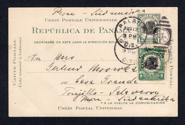 PANAMA - CANAL ZONE - 1920 - POSTAL STATIONERY: 1c black & green 'Balboa' postal stationery card with 'CANAL ZONE' overprint in black (H&G 3) used with added 1909 1c black & green 'Balboa' issue of Panama with 'CANAL ZONE' overprint TYPE 5 (SG 50) tied by BALBOA duplex cds's dated AUG 13 1920. Addressed to SALAVERRY, PERU with arrival cds on reverse.  (PAN/38601)