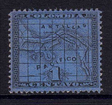 PANAMA - 1887 - PROOF: 1c black on blue surface glazed paper 'Map' issue PROOF in unissued colour. Ungummed. (As SG 5)  (PAN/38668)