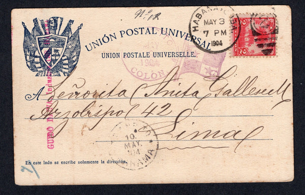 PANAMA - 1904 - TRANSIT MAIL: Black & white Cuban PPC 'Habana El Templete - Memorial Chapel' franked with Cuba 1899 2c carmine red (SG 302) tied by HABANA cds dated MAY 3 1904. Addressed to LIMA, PERU with TRANSITO COLON 'Flag' cds dated MAY 9 and TRANSITO PANAMA cds in black dated 10 MAY all on front.  (PAN/39048)