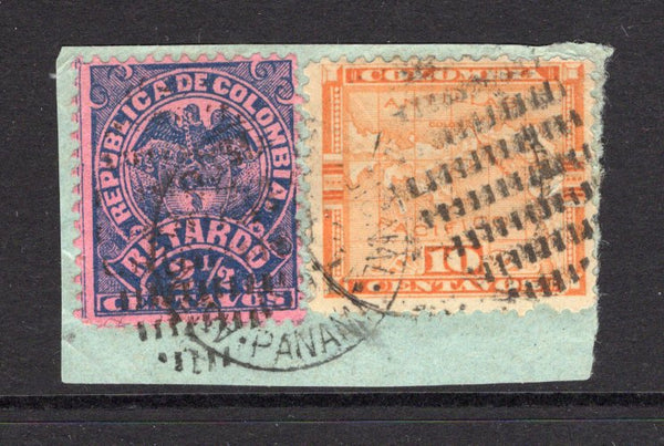 PANAMA - 1897 - MIXED FRANKING: 10c orange MAP issue on small piece with Colombia 1892 2½c blue on rose 'Late Fee' issue tied by PANAMA duplex cds dated NOV 1897. Unusual. (SG 12d & L167b)  (PAN/39162)