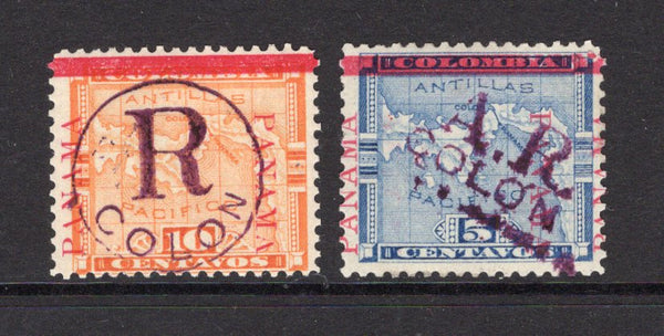 PANAMA - 1904 - PROVISIONAL ISSUE: 10c orange and 5c blue MAP issues with 'Fourth Panama' overprints in carmine plus circular 'R COLON' handstamp and 'A R COLON' handstamp respectively both overprints in purple fine mint. (SG R60 & AR61)  (PAN/39163)