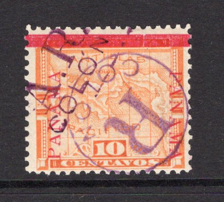 PANAMA - 1904 - PROVISIONAL ISSUE: 10c orange MAP issues with 'Fourth Panama' overprint in carmine plus circular 'R COLON' handstamp and 'A R COLON' handstamp both in purple. A fine mint copy. (SG R60 variety)  (PAN/39164)