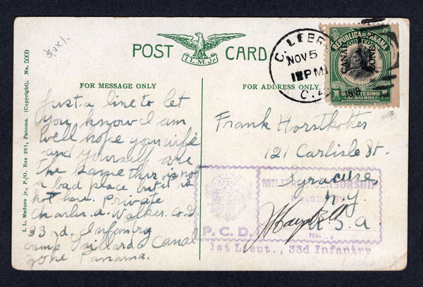 PANAMA - CANAL ZONE - 1918 - MILTARY & CENSORSHIP: Colour PPC 'Ancon Hospital, Panama Canal' with manuscript 'Private Charles. A. Walker, 33rd Infantry, Camp Gaillard, Canal Zone, Panama' on message side franked with 1909 1c black & green 'Booklet' stamp with 'CANAL ZONE' overprint Type 2, imperf at right (SG 40) tied by CULEBRA cds dated NOV 5 1918 with fine strike of large boxed 'P.C.D. MILITARY CENSORSHIP PASSED BY 1st Lieut. 33d Infantry' censor mark in violet with officer's signature inserted in manus
