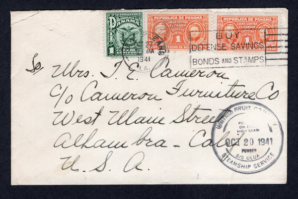 PANAMA - 1941 - MARITIME: Cover with printed 'Great White Fleet United Fruit Company' on flap franked with 1924 1c green 'Arms' issue and pair 1940 1c orange TAX issue (SG 199 & 395) tied in transit by NEW ORLEANS machine cancel dated OCT 27 1941 with good strike of UNITED FRUIT COMPANY STEAMSHIP SERVICE POSTED ON THE HIGH SEAS PURSER S/S ULUA cds in black dated OCT 20 1941 alongside. Addressed to USA.  (PAN/39385)