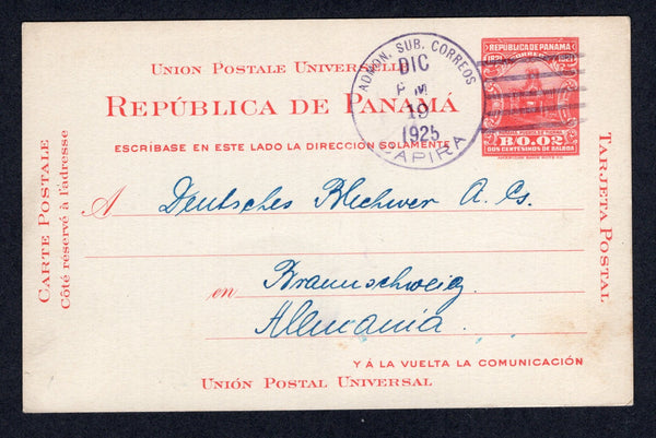 PANAMA - 1925 - CANCELLATION: 2c carmine rose on white postal stationery card (H&G 13) used with fine strike of ADMON. SUB. CORREOS CAPIRA cds dated DEC 19 1925. Addressed to GERMANY with company arrival mark on reverse. A scarce origination.  (PAN/39556)