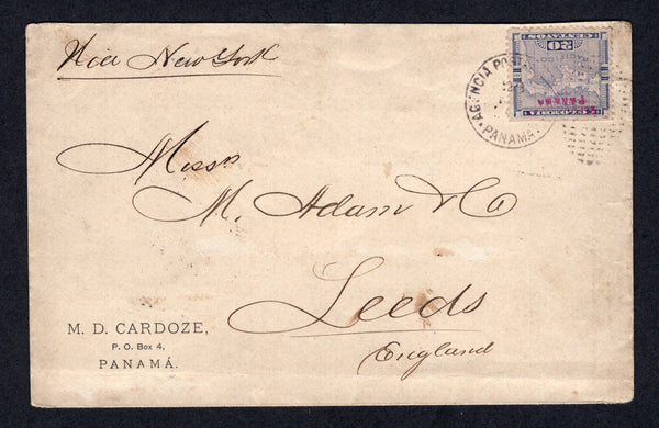 PANAMA - 1903 - MAP ISSUE: Cover with 'M. D. CARDOZE, P.O. BOX 4, PANAMA' company imprint on front franked with single 190320c slate violet MAP issue with 'First Panama' overprint in carmine (SG 39A) tied by PANAMA duplex cds dated 23 NOV 1903. Addressed to UK with LEEDS arrival cds on reverse dated 11 DEC 1903. A fine & rare cover showing a very early use of the First Panama overprint.  (PAN/39902)