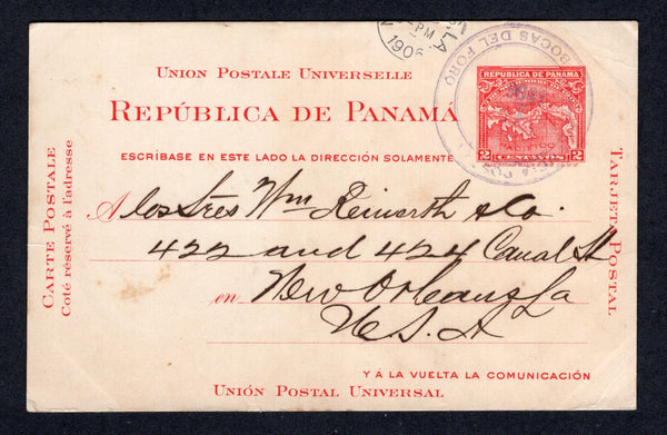 PANAMA - 1906 - POSTAL STATIONERY & CANCELLATION: 2c carmine 'Map' postal stationery card (H&G 8) used with good strike of large AGENCIA POSTAL BOCAS DEL TORO cds in purple dated OCT 1 1906. Addressed to USA with arrival cds on front.  (PAN/40035)