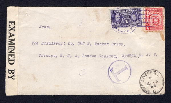 PANAMA - 1943 - CANCELLATION: Censored cover franked with 1924 2c carmine 'Arms' issue and 1942 1c violet TAX issue (SG 200 & 402) tied by ADMON SUB DE CORREOS SANTA FE cds dated OCT 25 1942 with second strike on reverse and taxed with large 'T' in circle in purple on front. Addressed to UK with transit & arrival marks on front & reverse.  (PAN/40053)