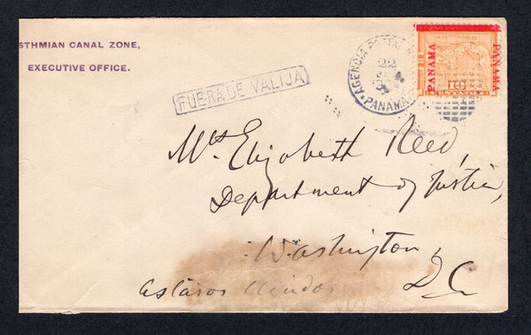 PANAMA - 1904 - MAP ISSUE & INSTRUCTIONAL MARK: Cover with 'ISTHMIAN CANAL ZONE EXECUTIVE OFFICE' imprint at top left franked with 1904 10c orange MAP issue 'Fourth Panama' printing (SG 56) tied by PANAMA cds in black dated 22 JUL 1904 with fine strike of boxed 'FUERA DE VALIJA' marking alongside. Addressed to USA with arrival marks on reverse. Cover has some staining at bottom of address panel.  (PAN/40054)