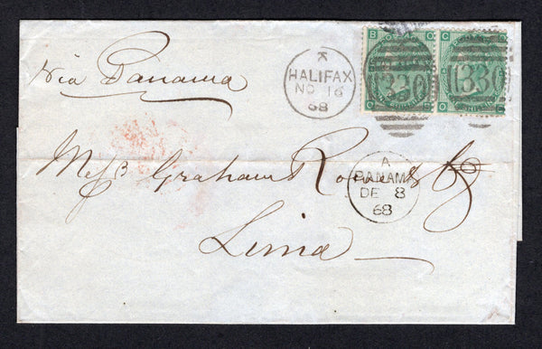 PANAMA - 1868 - BRITISH POST OFFICE & VIA PANAMA MAIL: Cover franked with pair Great Britain 1867 1/- green QV issue, Plate 4 (SG 117, one stamp with fault at top) tied by HALIFAX '330' duplex cancels dated NOV 16 1868. Addressed to LIMA, PERU sent via the British P.O. in Panama with fine strike of the PANAMA British Post Office cds dated DEC 8 1868 on front and LIMA arrival cds on reverse.  (PAN/40143)