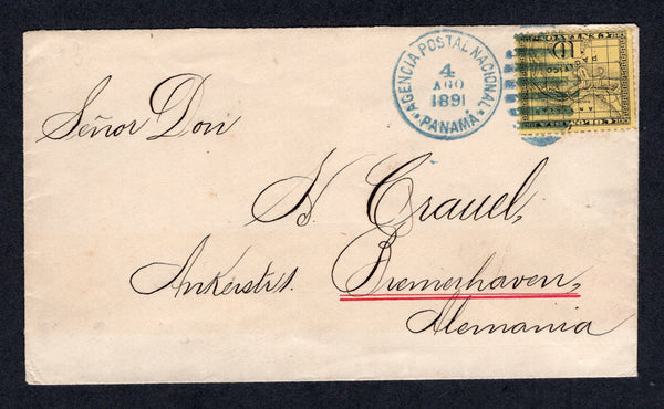 PANAMA - 1891 - MAP ISSUE: Cover franked with single 1887 10c black on yellow 'Litho' MAP issue (SG 8) tied by fine AGENCIA POSTAL NACIONAL PANAMA duplex cds in blue dated 4 AGO 1891. Addressed to GERMANY with transit & arrival marks on reverse. A scarce issue used on cover.  (PAN/40145)