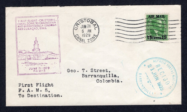 PANAMA - CANAL ZONE - 1930 - FIRST FLIGHT: Cover with typed 'First Flight F.A.M. 5 To Destination' franked with 1929 15c on 1c green AIRMAIL 'Surcharge' issue (SG 117) tied by CRISTOBAL cds dated JUN 21 1929. Flown on the Cristobal - Barranquilla, Colombia first flight with boxed first flight cachet in purple on front. Addressed to COLOMBIA with BARRANQUILLA arrival cds on front. (Muller #22)  (PAN/40291)