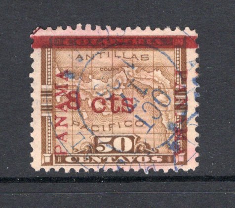PANAMA - CANAL ZONE - 1904 - PROVISIONAL ISSUE & UNISSUED: 8c on 50c bistre brown MAP issue of Panama with Fourth Panama overprint and '8 cts' overprint Type 1, a fine copy with variety 'CANAL ZONE' OVERPRINT OMITTED used with part PANAMA cds in blue dated OCT 17 1906. (Scott #14 variety, SG 14 variety)  (PAN/40399)
